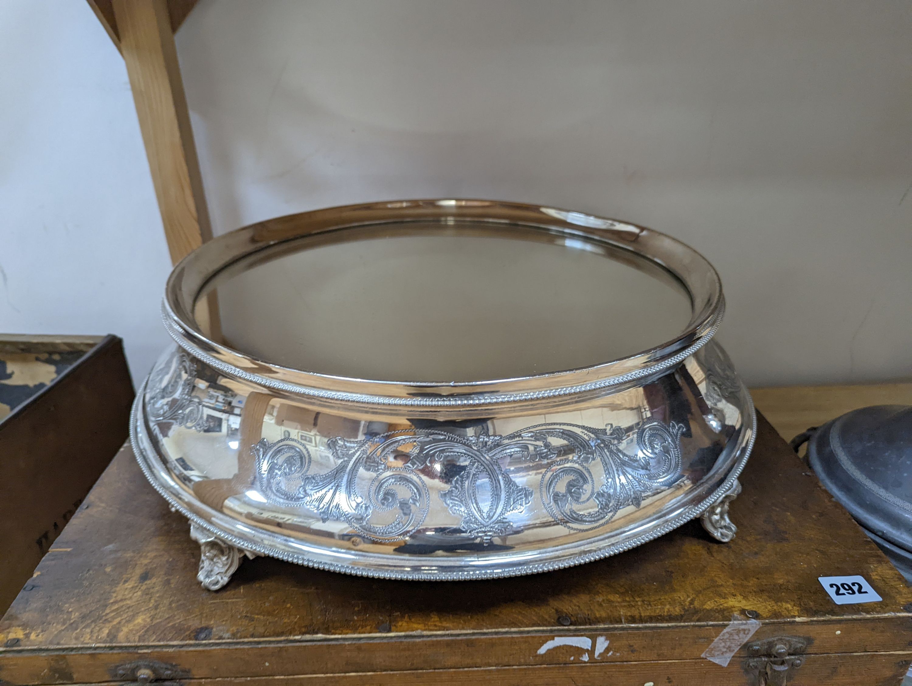 A large Victorian plated cake stand and dish with a pewter box and cover, cake stand top 43 cms.